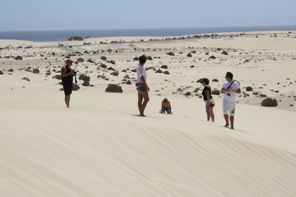 Five people on a sandy desert slope, with rocky spots and a distant line of cars by the shoreline under a clear sky.