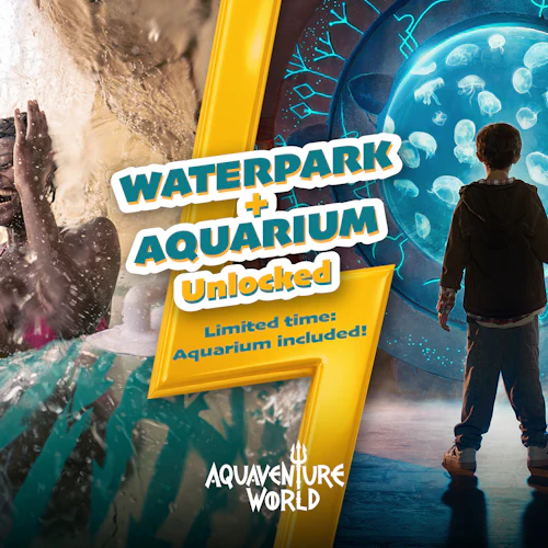 Geteiltes Bild: links eine lächelnde Frau unter einem Wasserfall in einem Wasserpark; rechts ein Junge mit einem Dreizack in der Nähe eines Aquariums.