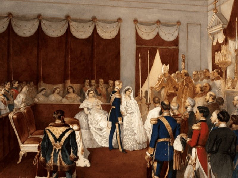 A regal wedding ceremony with a bride and groom facing each other, surrounded by clergy, nobility, and onlookers in an ornate room.