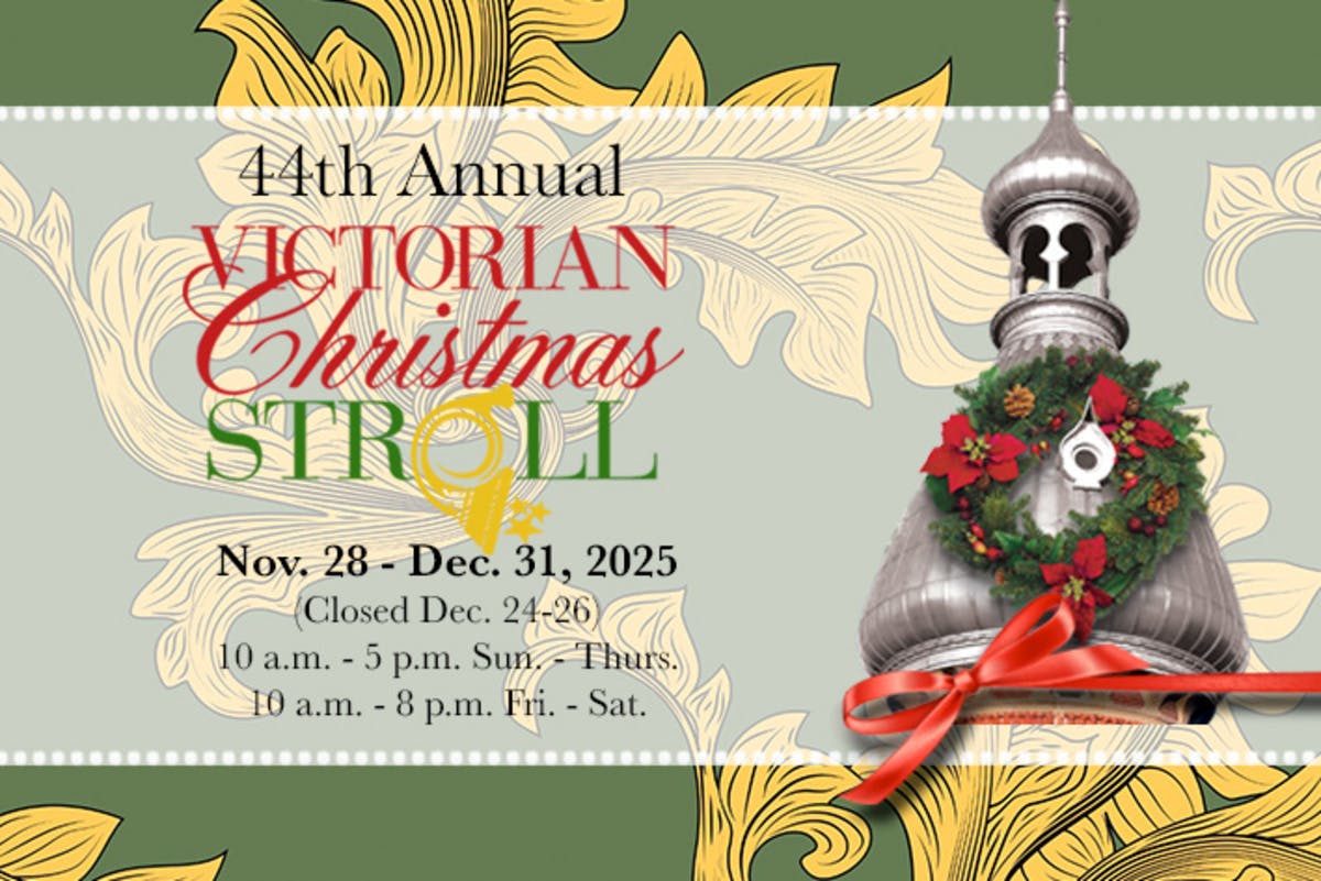A promotional graphic for the Annual Victorian Christmas Stroll, showing decorative text, a domed ornament wreath, and event dates.