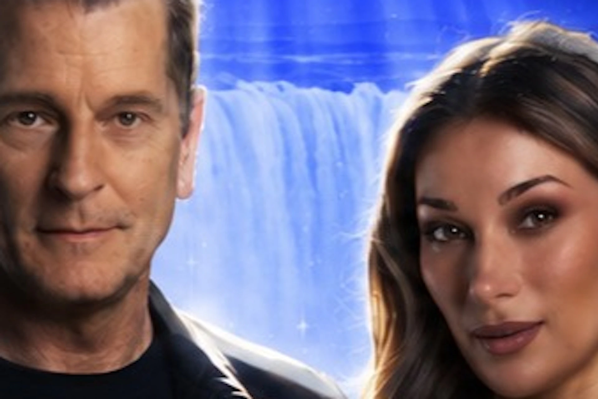 Two individuals in front of a waterfall backdrop with the text "Niagara Magic Live" and doves flying around.