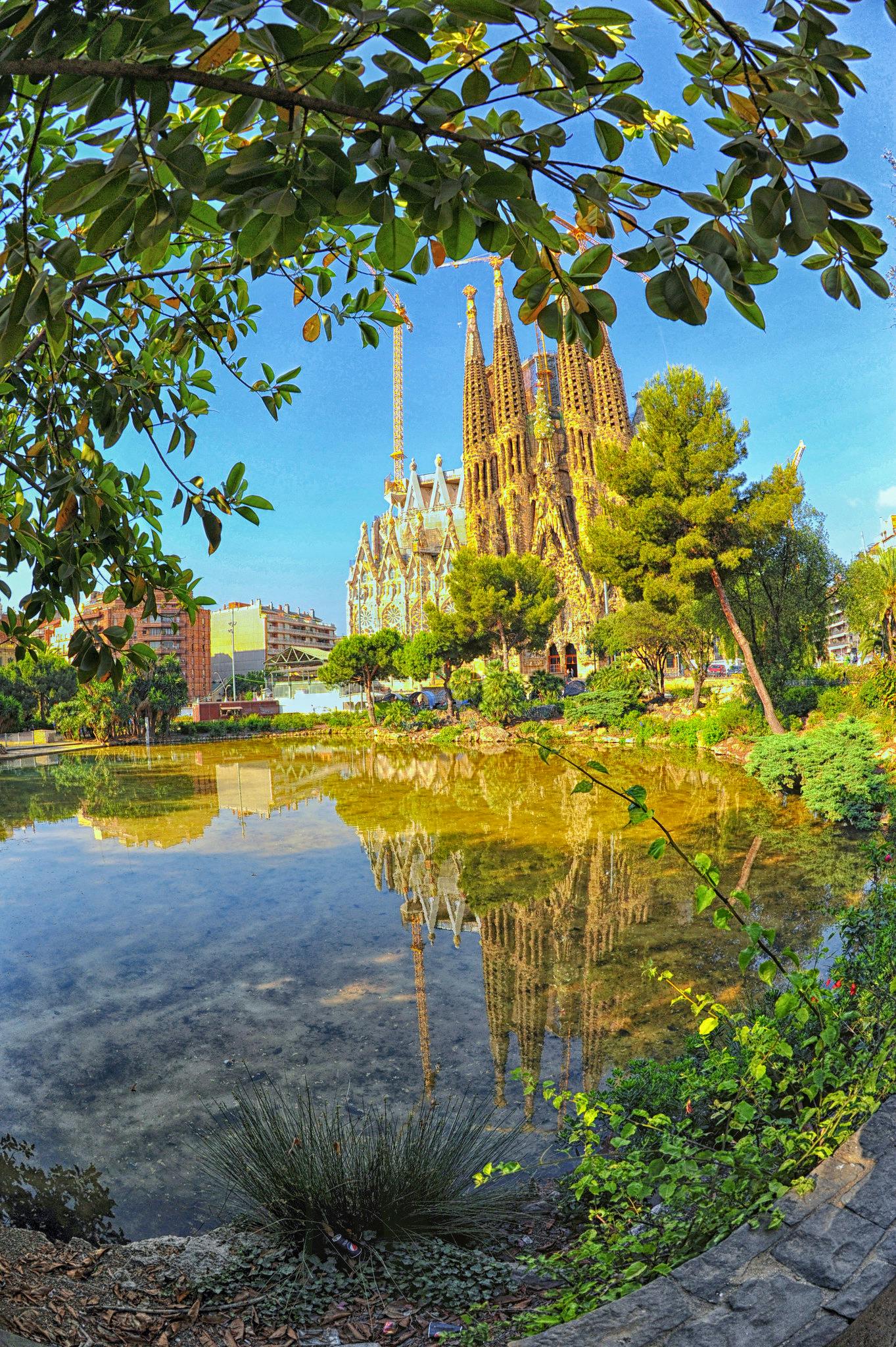A cathedral with tall, intricate towers reflected in a pond, framed by leafy trees and greenery. Bright, clear sky above.