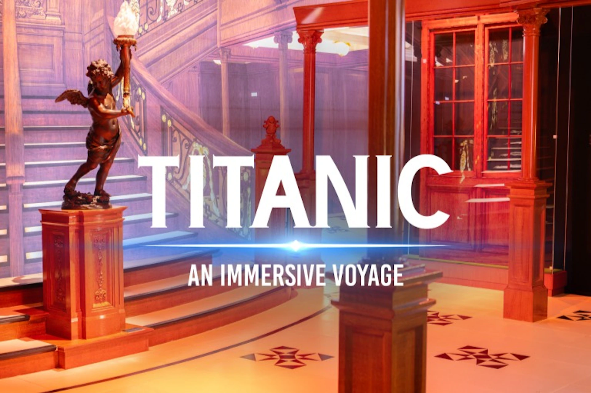 Interior scene of a recreated Titanic grand staircase with "Titanic: An Immersive Voyage" text overlay.