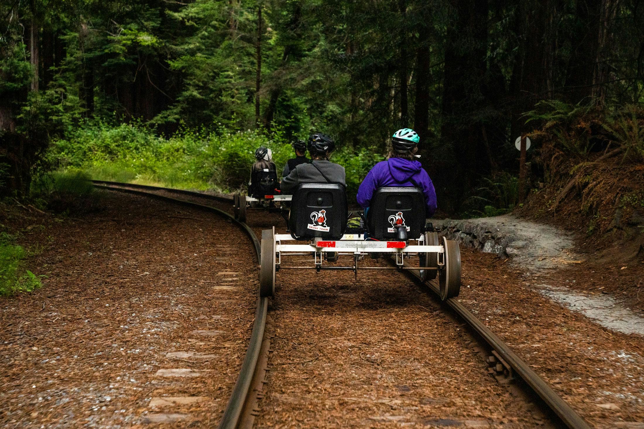 Persone che guidano vagoni ferroviari a pedali su un binario boscoso. Un fitto fogliame verde delimita i binari.