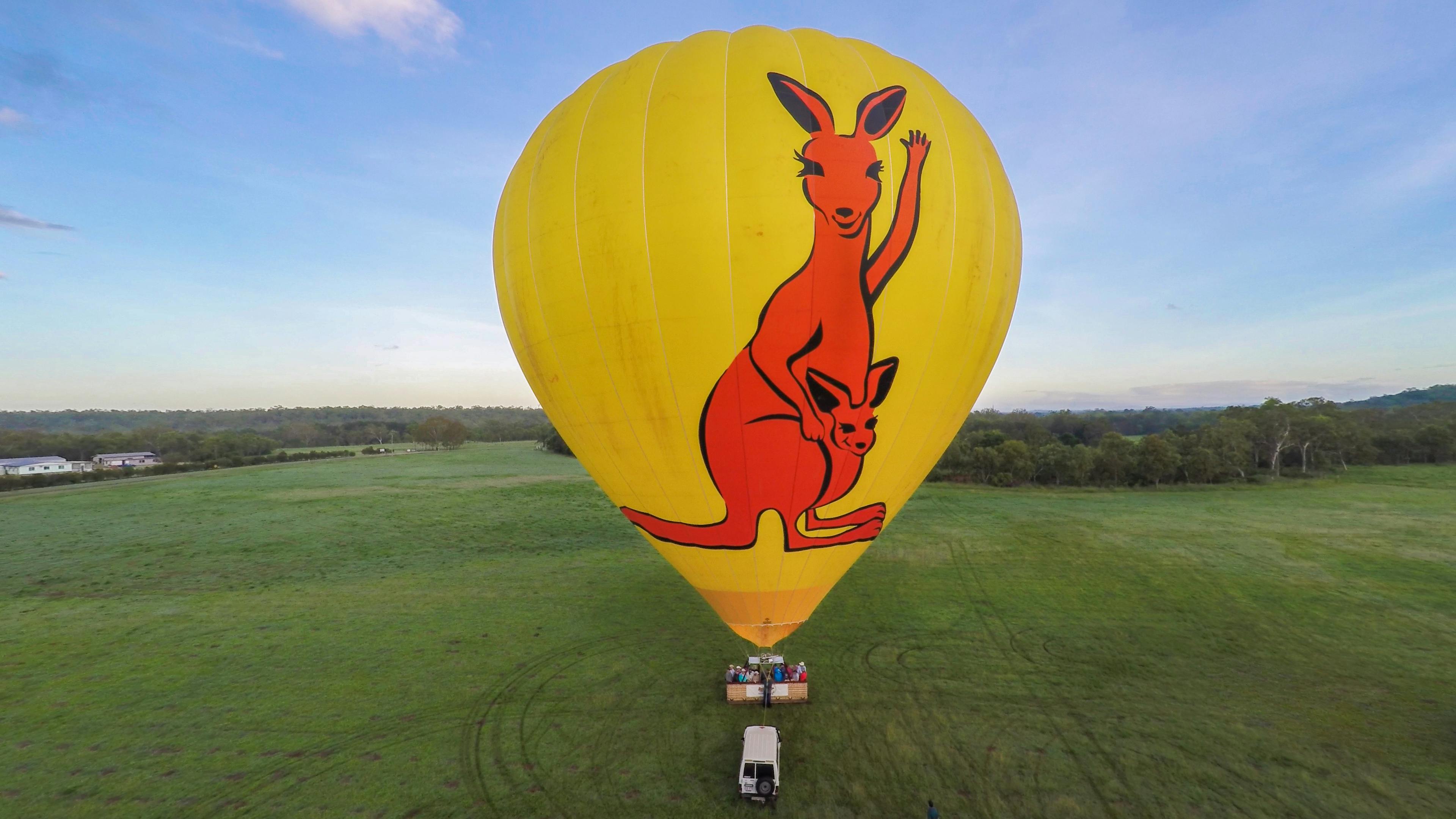 A yellow hot air balloon with a large red kangaroo design floating above a grassy field.