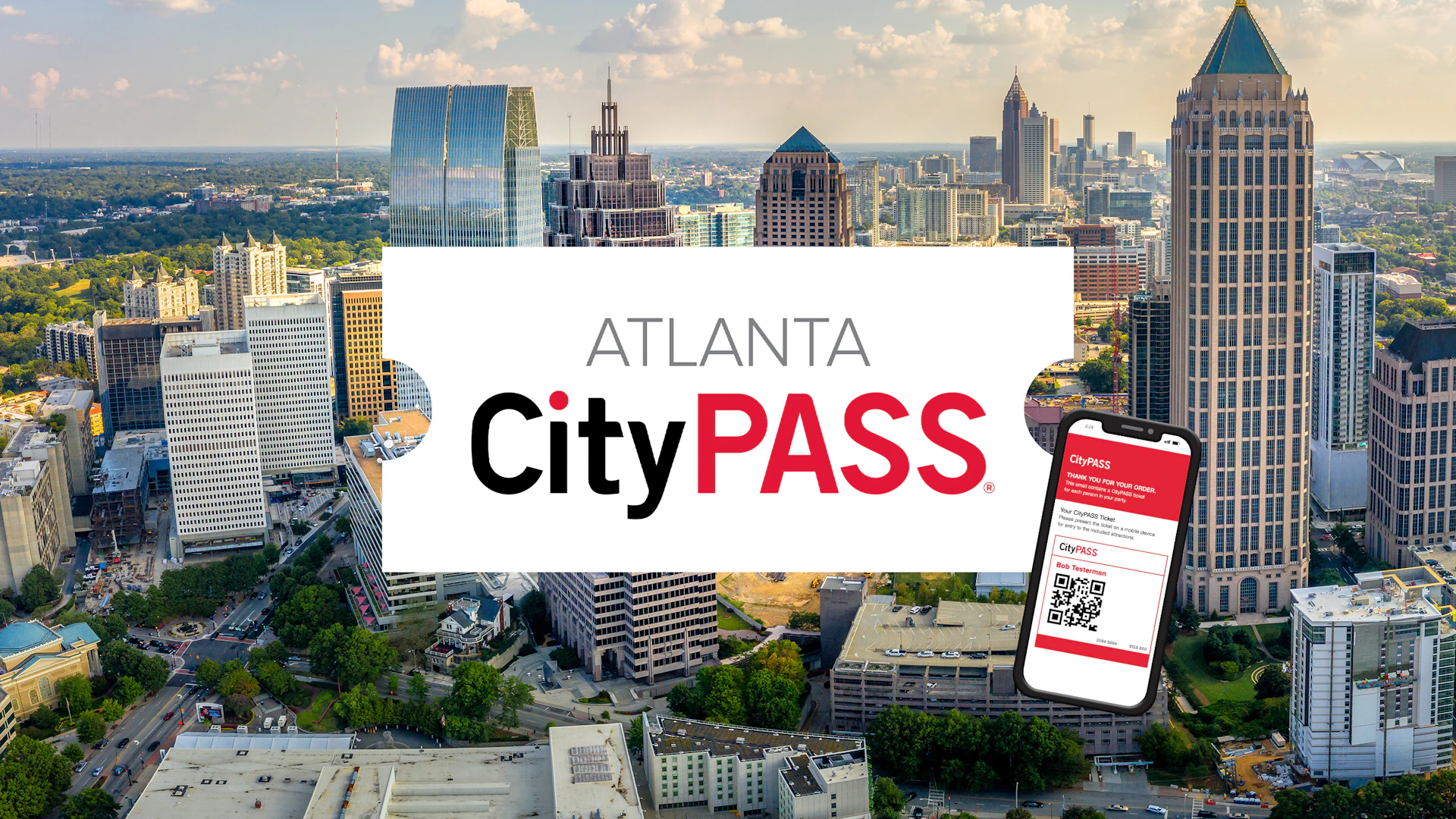 Atlanta skyline with CityPASS logo overlay and a smartphone displaying the digital CityPASS ticket.