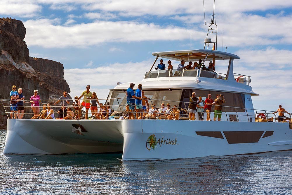 船上有一艘大型双体船，人们在水上享受阳光明媚的日子，岩石悬崖和部分多云的天空背景。