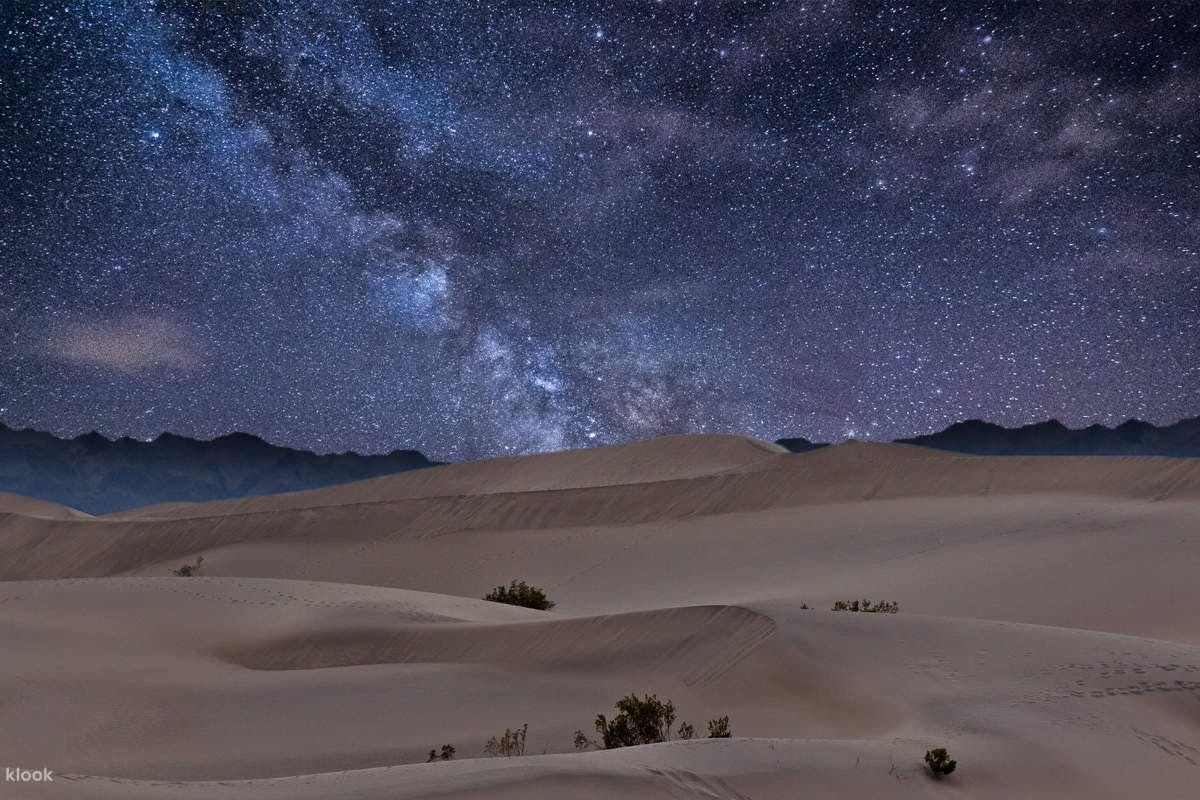 Starry night sky above rolling sand dunes with sparse vegetation in the foreground and mountains in the background.