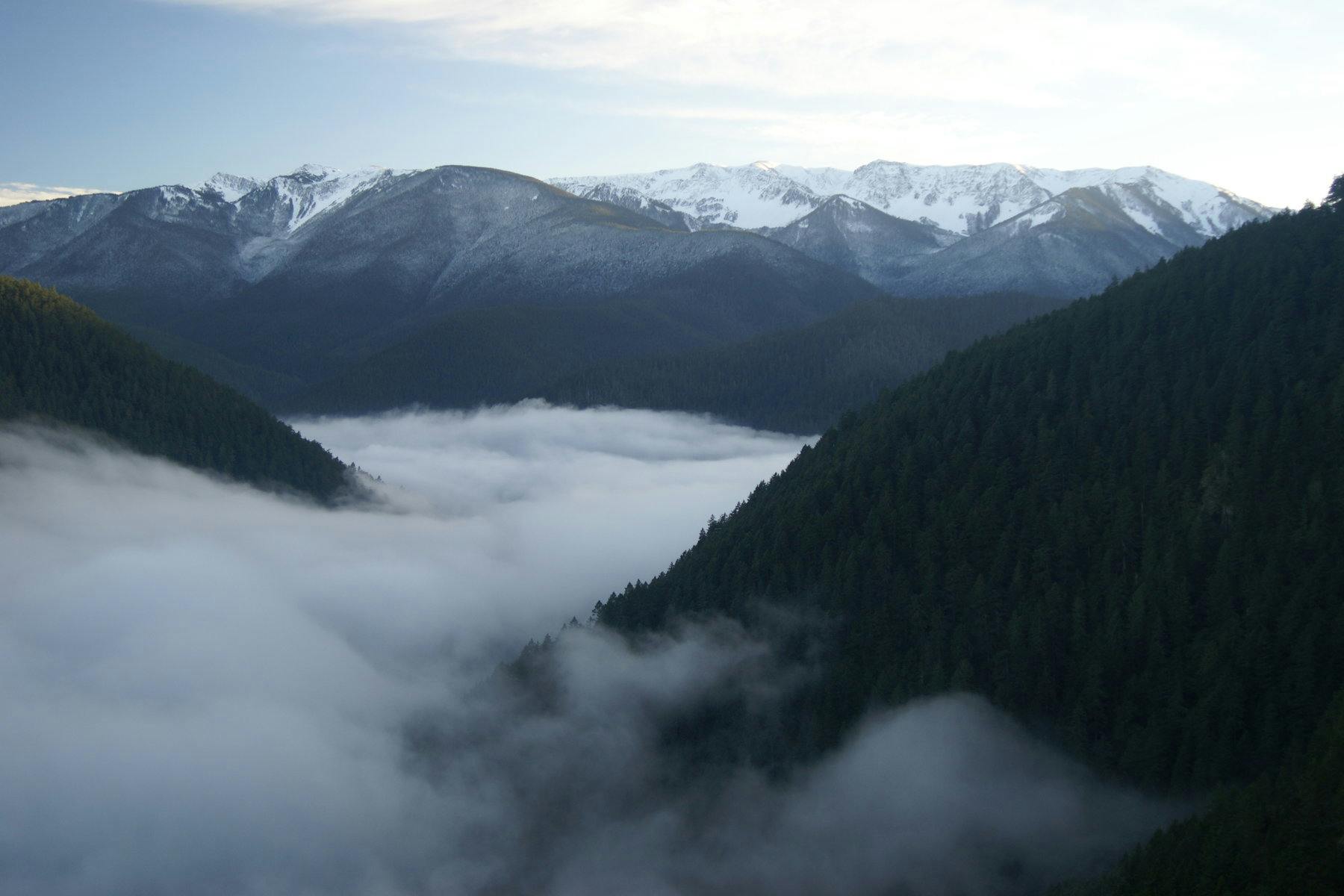 Snow-capped mountains and forested hills with thick clouds or fog filling the valley below.