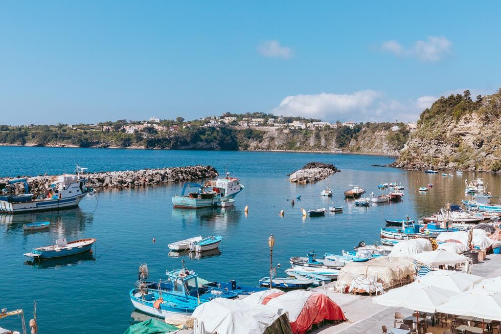 어선이 정박한 작은 항구, 부두에 가려진 보트, 바위가 많은 방파제, 멀리 흩어져 있는 건물이 있는 언덕.