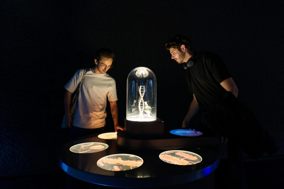 Two people are looking at a DNA model in a glass display case on a table in a dimly lit, science-themed exhibition.