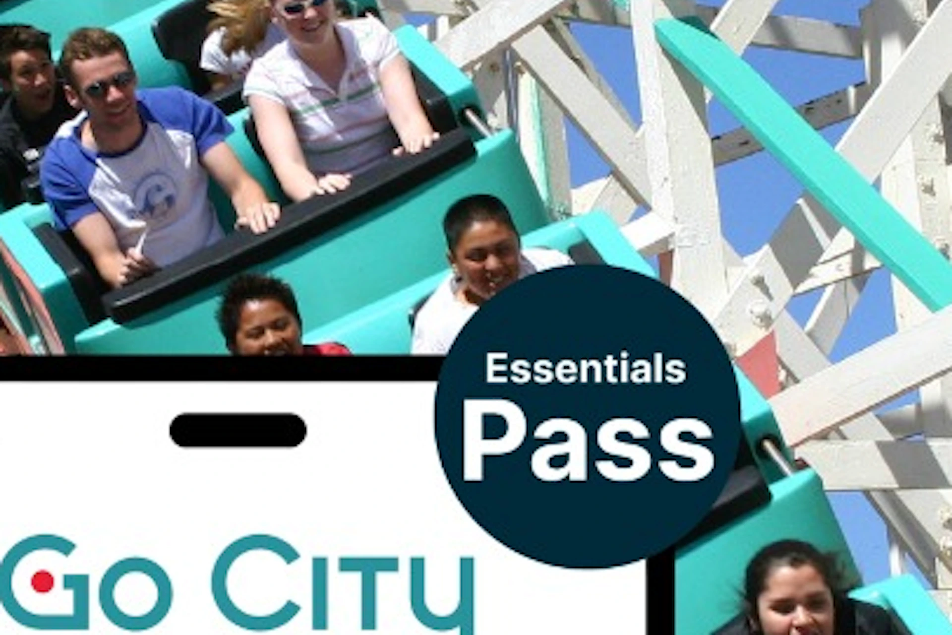 People riding a rollercoaster with a phone screen in the foreground displaying a "Go City San Diego Essentials Pass."