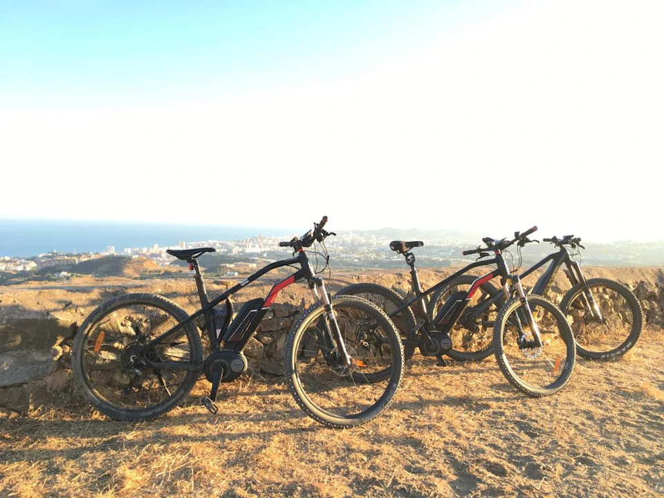 Three mountain bikes parked on dry grass with a city, hills, and ocean visible in the background under a clear sky.