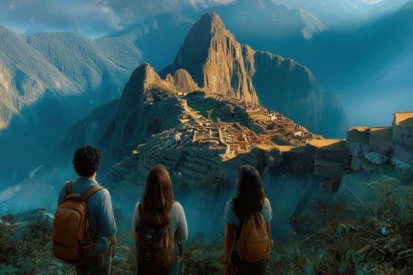 Tre personer med ryggsäckar har utsikt över de gamla ruinerna av Machu Picchu, omgivna av berg och moln i gryningen.