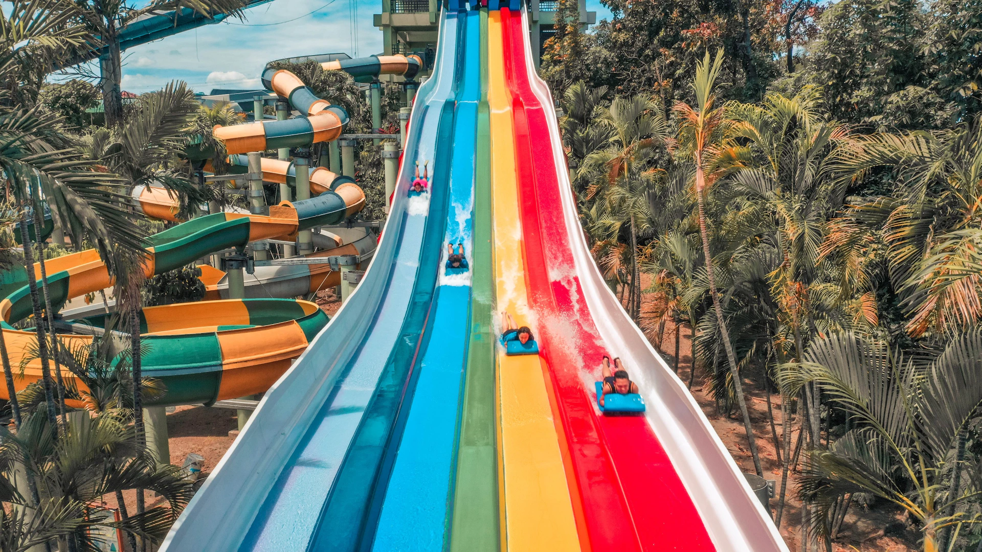People sliding down colorful water slides in a water park surrounded by trees.