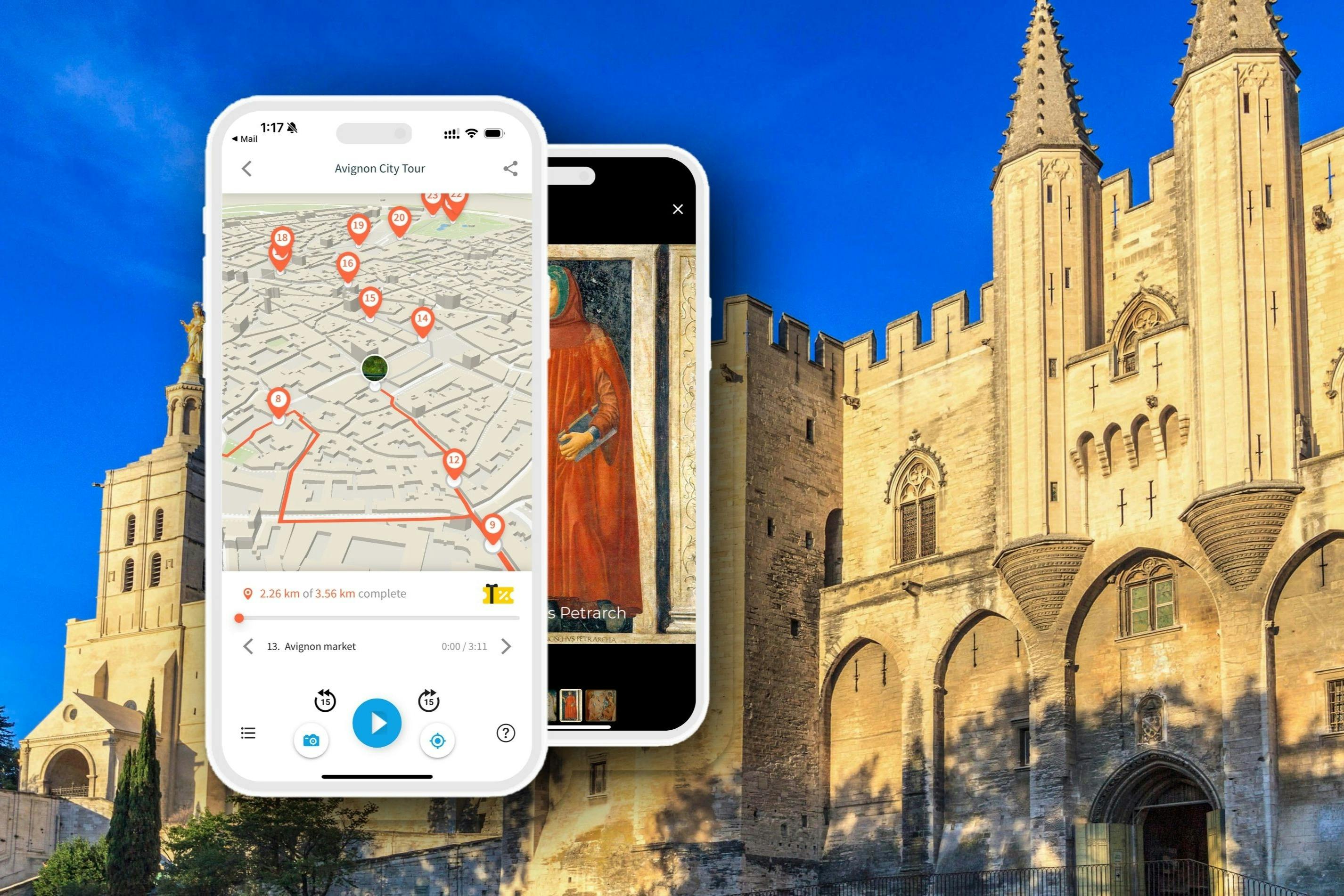Ένα smartphone που εμφανίζει μια εφαρμογή χάρτη περιήγησης στην πόλη επικαλύπτεται σε μια εικόνα ενός ιστορικού κάστρου κάτω από έναν καταγάλανο ουρανό.