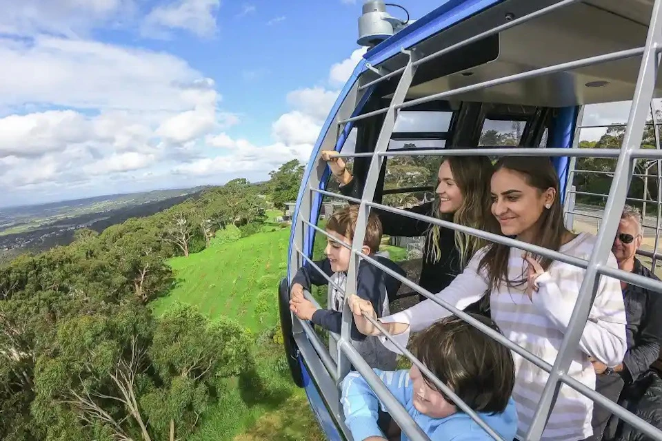 A group of people, including children, enjoying a scenic view from inside a blue cable car with barred windows.