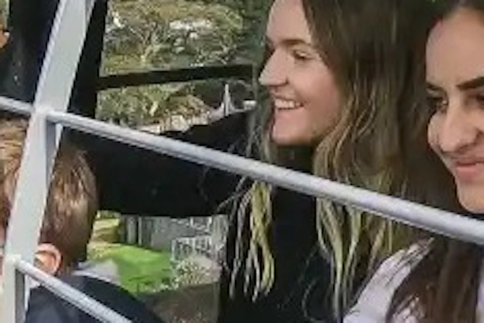 A group of people, including children, enjoying a scenic view from inside a blue cable car with barred windows.