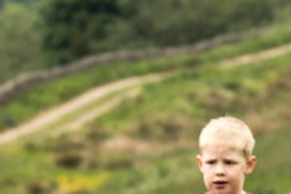 Two children and two adults walk along a grassy path near a stone wall, with rolling hills and distant trees in the background.