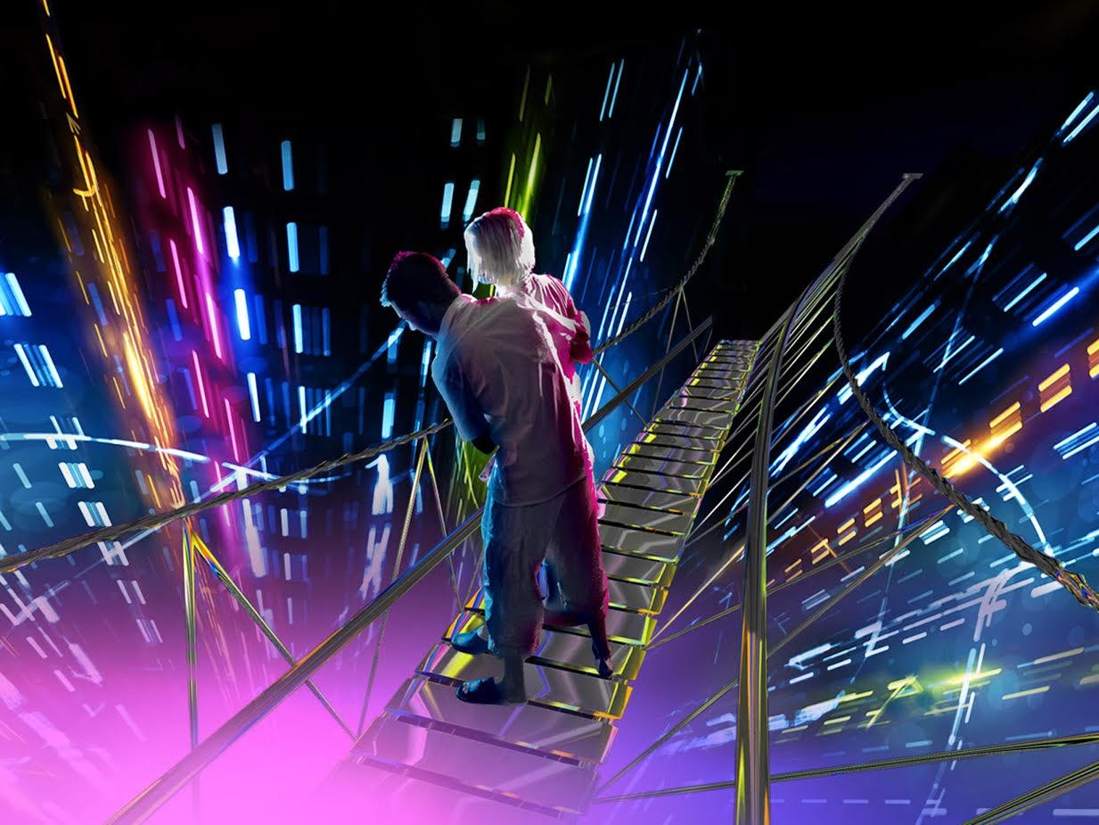 Twee mensen op een gloeiende, futuristische brug met levendige, wervelende lichten op de achtergrond.