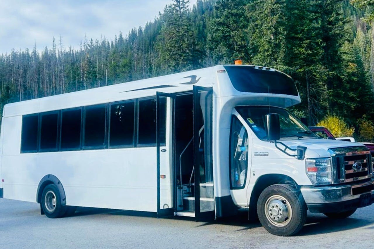 White shuttle bus with open doors parked on a road surrounded by dense evergreen trees under a cloudy sky.