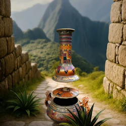 En lång, färgstark, traditionell vas mellan två gamla stenväggar, mot en kuliss av dimmiga berg och frodig grönska.