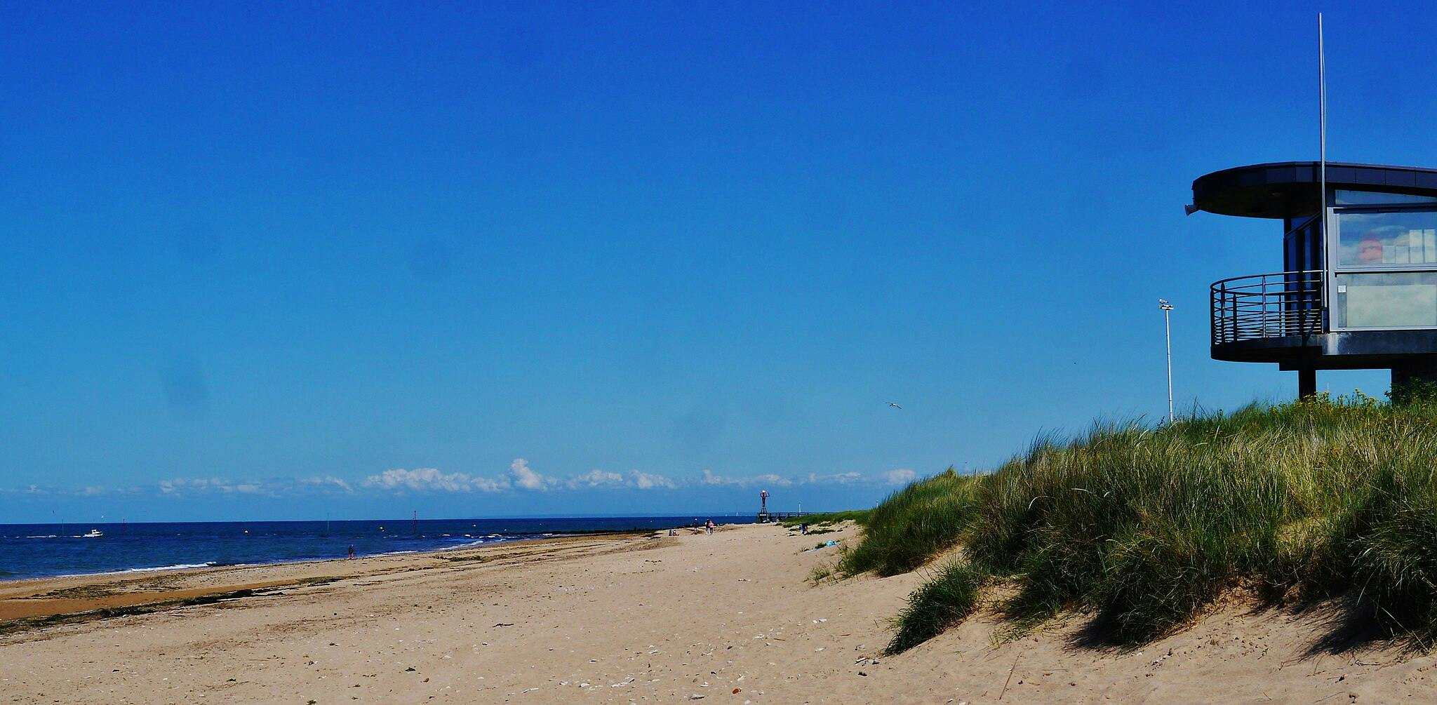 沙滩右侧有高草，现代建筑俯瞰湛蓝天空下的大海。 远处很少有人和一艘船。