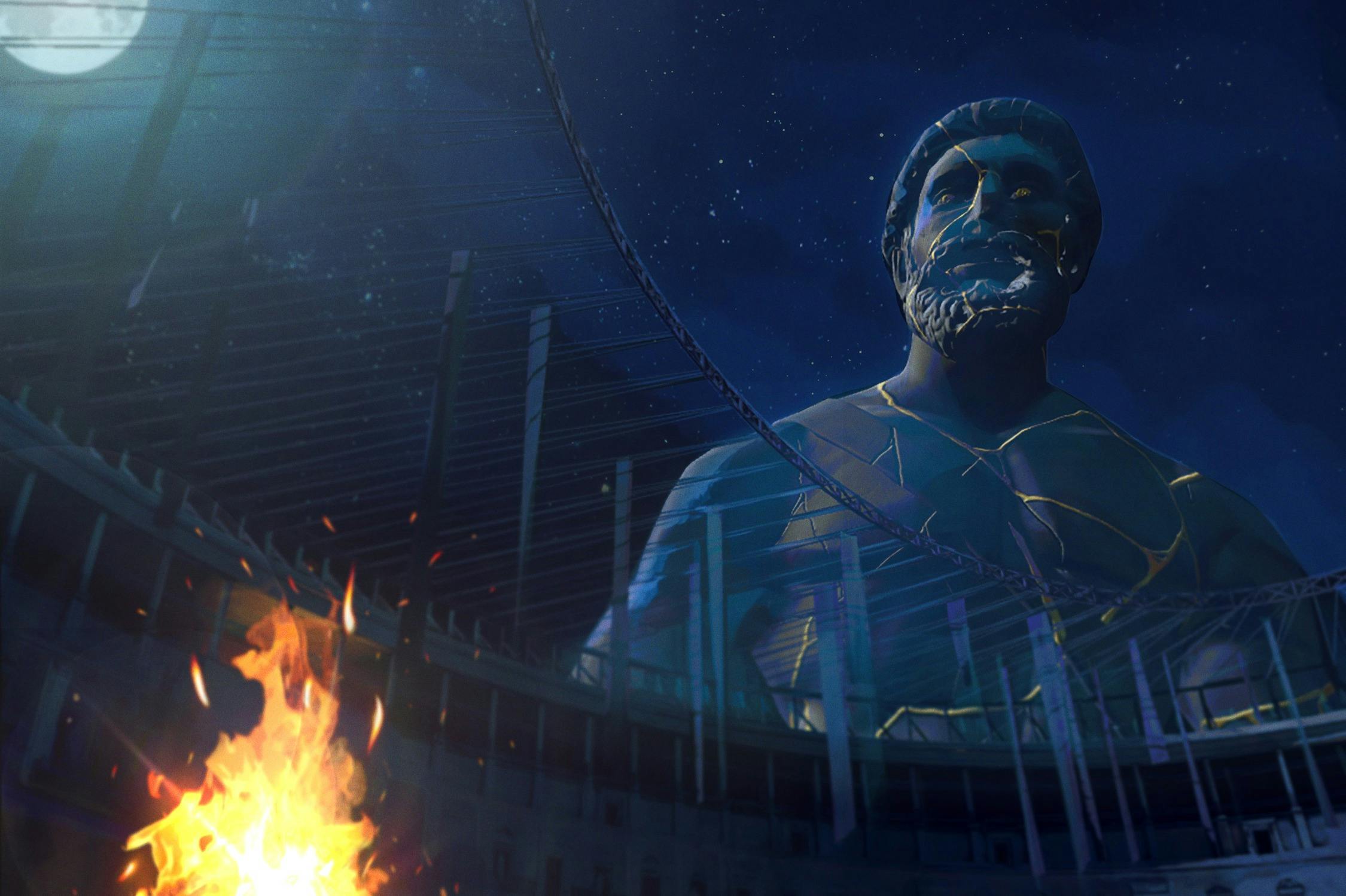 Une statue colossale d'un personnage barbu est illuminée par le feu au premier plan, sur fond de ciel nocturne sombre et étoilé.