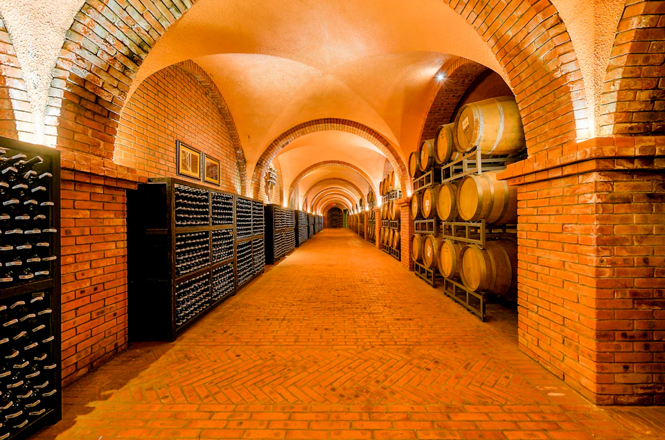 A cellar with brick walls and ceiling, featuring wine racks on the left and wooden barrels stacked on the right.