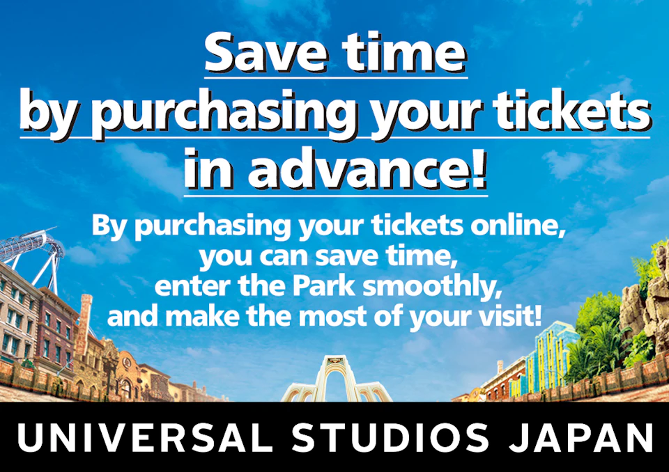 Promotional graphic for Universal Studios Japan with text encouraging online ticket purchase to save time and enter the park smoothly.