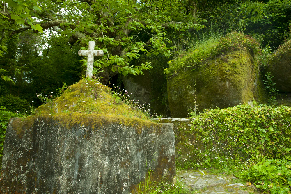 Moss-covered stone cross among greenery, with large rocks and dense foliage in the background.