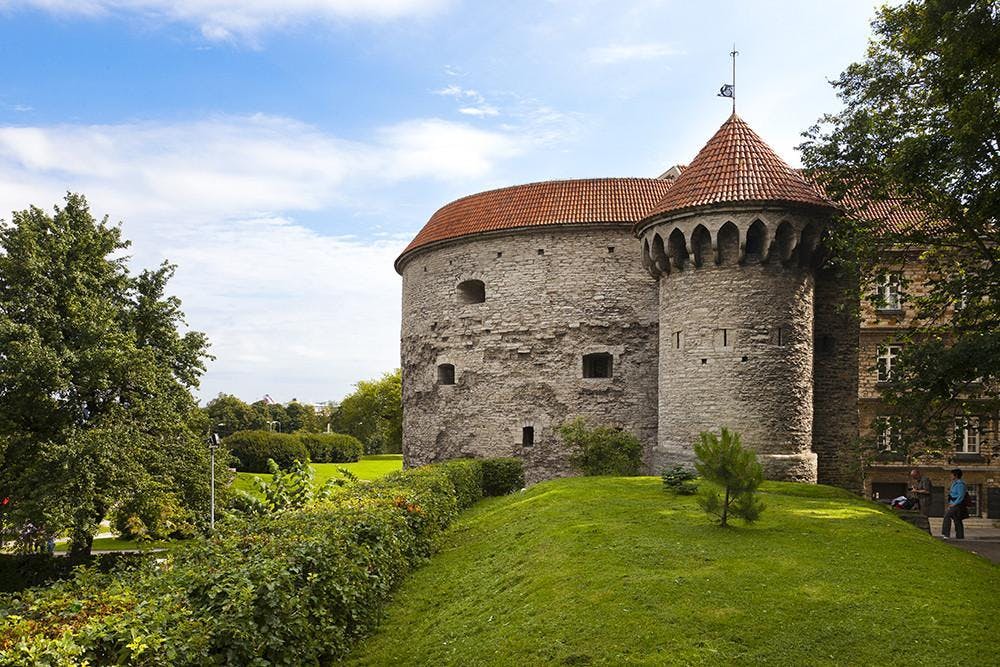 Kamenný hrad s kulatými věžemi a červenými kachlovými střechami, obklopený zelenou trávou a keři, pod částečně zataženou modrou oblohou.
