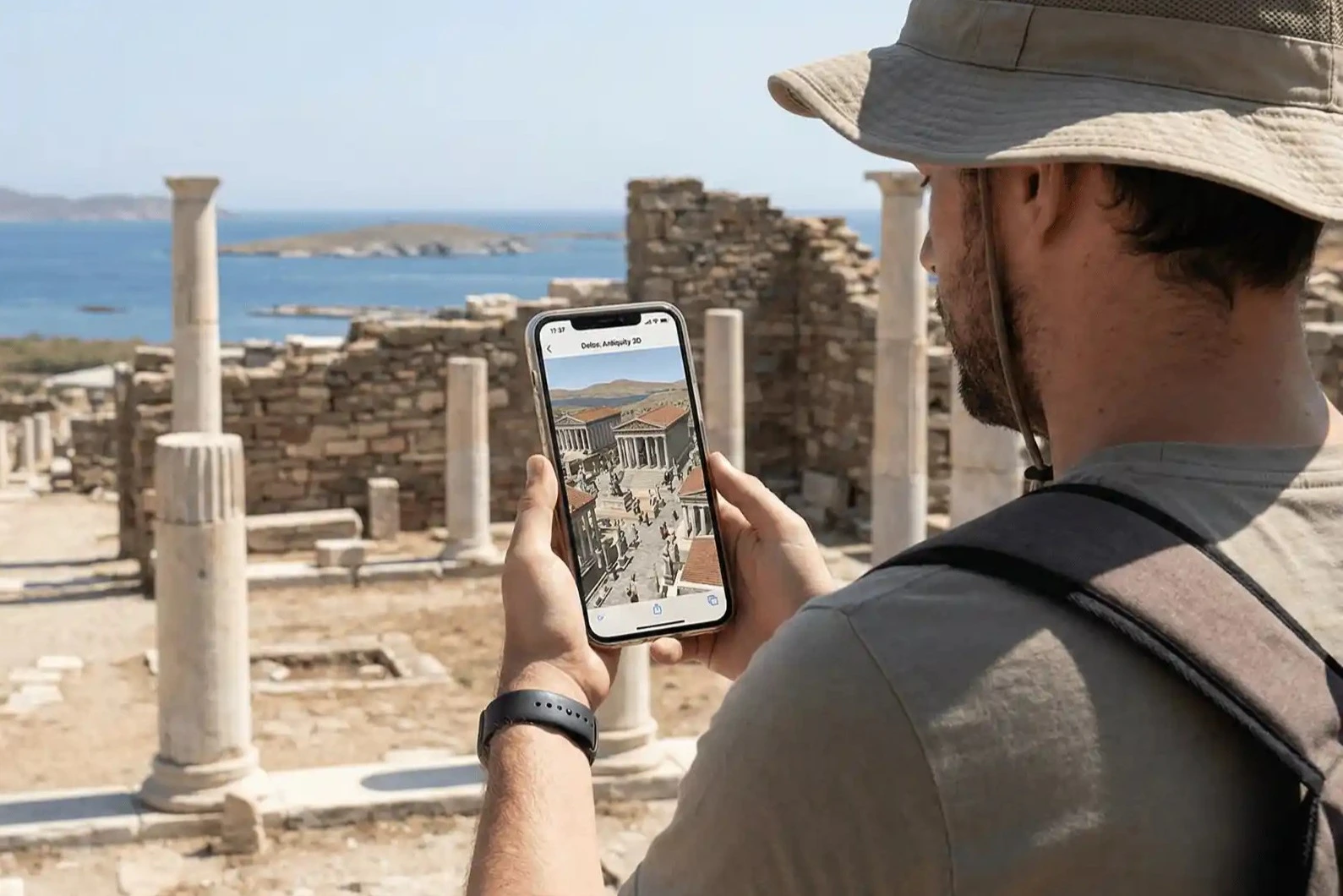 A tourist uses a smartphone displaying an augmented reality view of ancient ruins in a sunny outdoor setting.