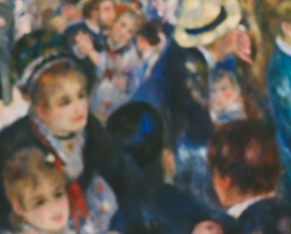 A woman leans towards a large framed painting depicting a lively outdoor social gathering with many people in period clothing.