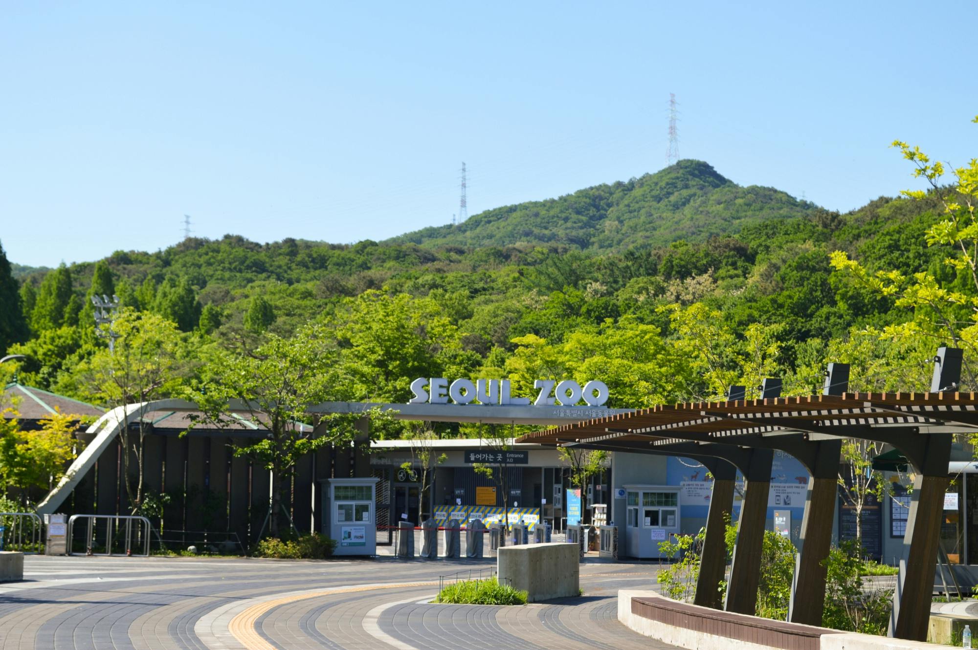 Entrance to a zoo with the sign reading 'Seoul Zoo,' surrounded by greenery and hills under a clear blue sky.