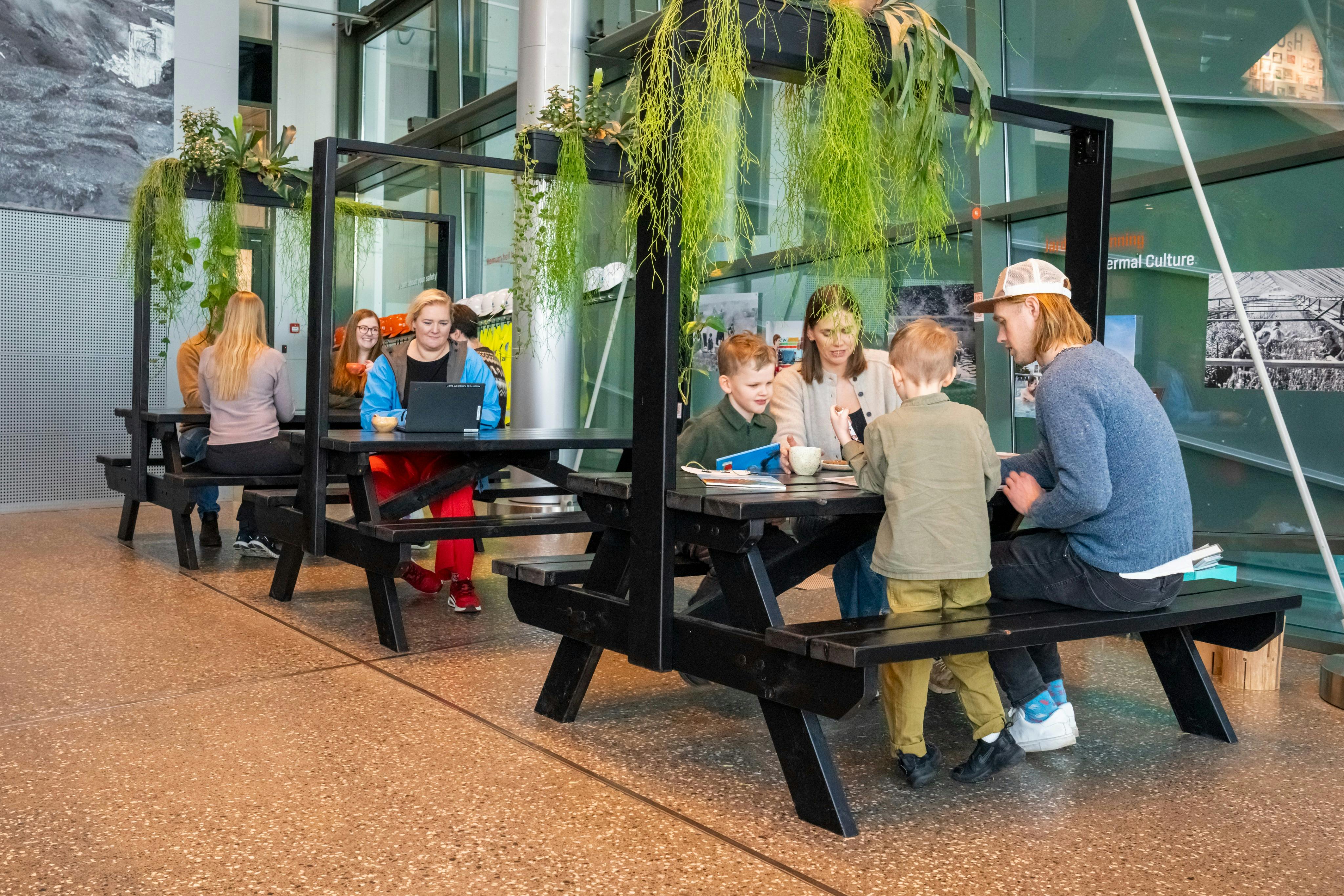 Die Gäste sitzen an Tischen im Picknick-Stil in einem Innenraum, über dem Kopf hängen Pflanzen und die Einrichtung ist modern und hell.