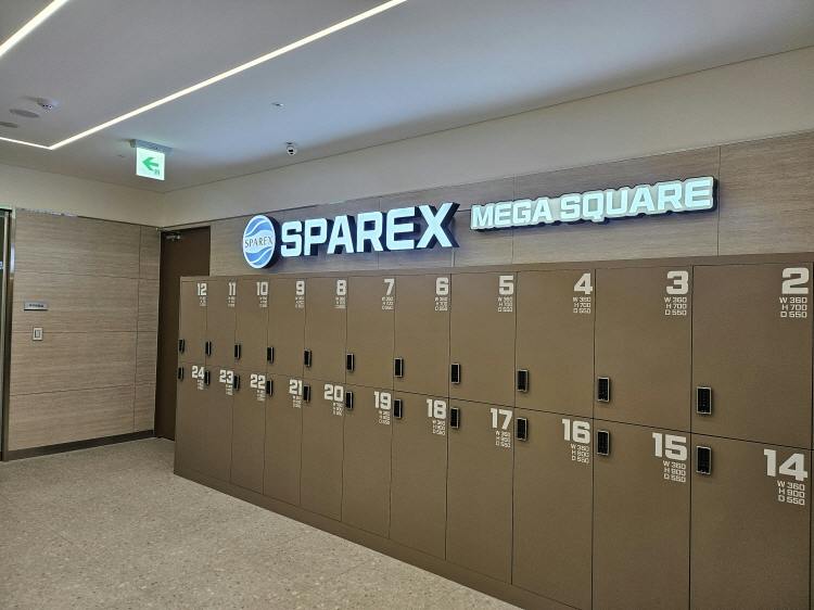 A wall of numbered lockers with a sign above reading "SPAREX Mega Square."