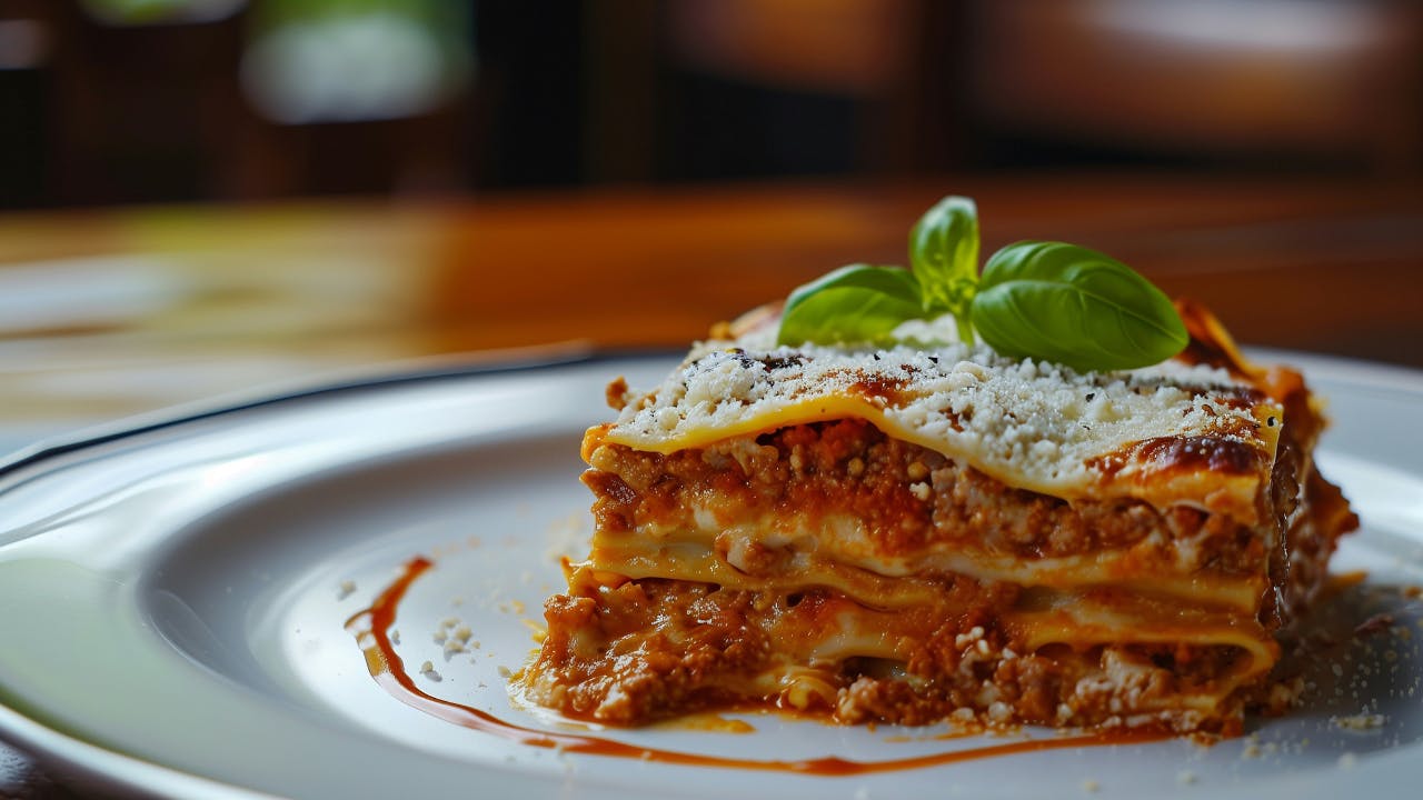 A close-up of a slice of lasagna on a white plate, garnished with grated cheese and a sprig of fresh basil.