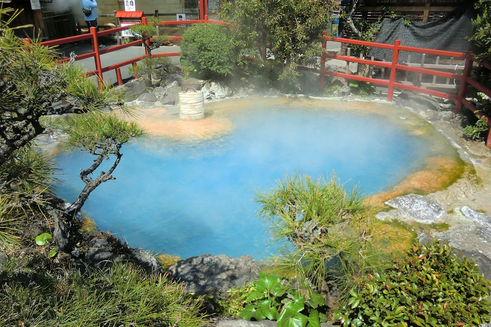 A small hot spring surrounded by rocks, trees, and red railings, with steam rising from the water.