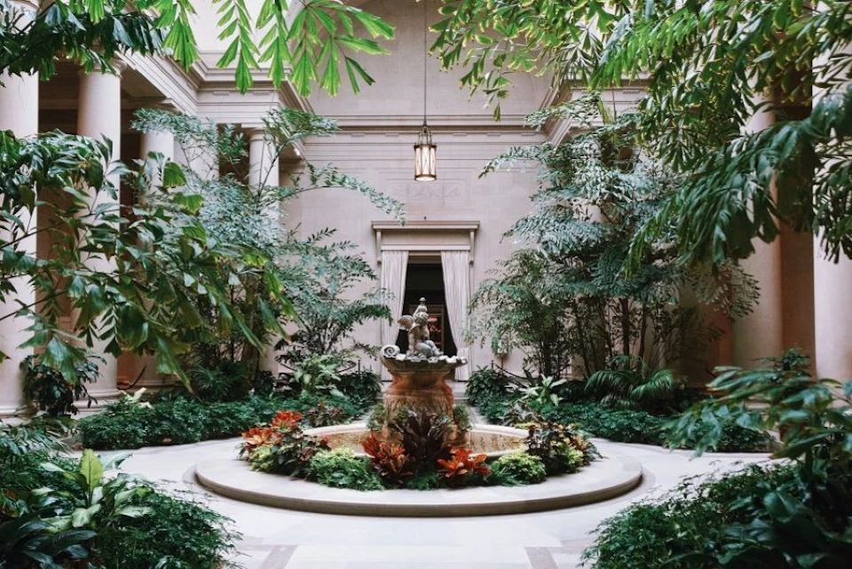 Indoor atrium with a central fountain surrounded by lush, green plants and colorful flowers, under a pendant light.