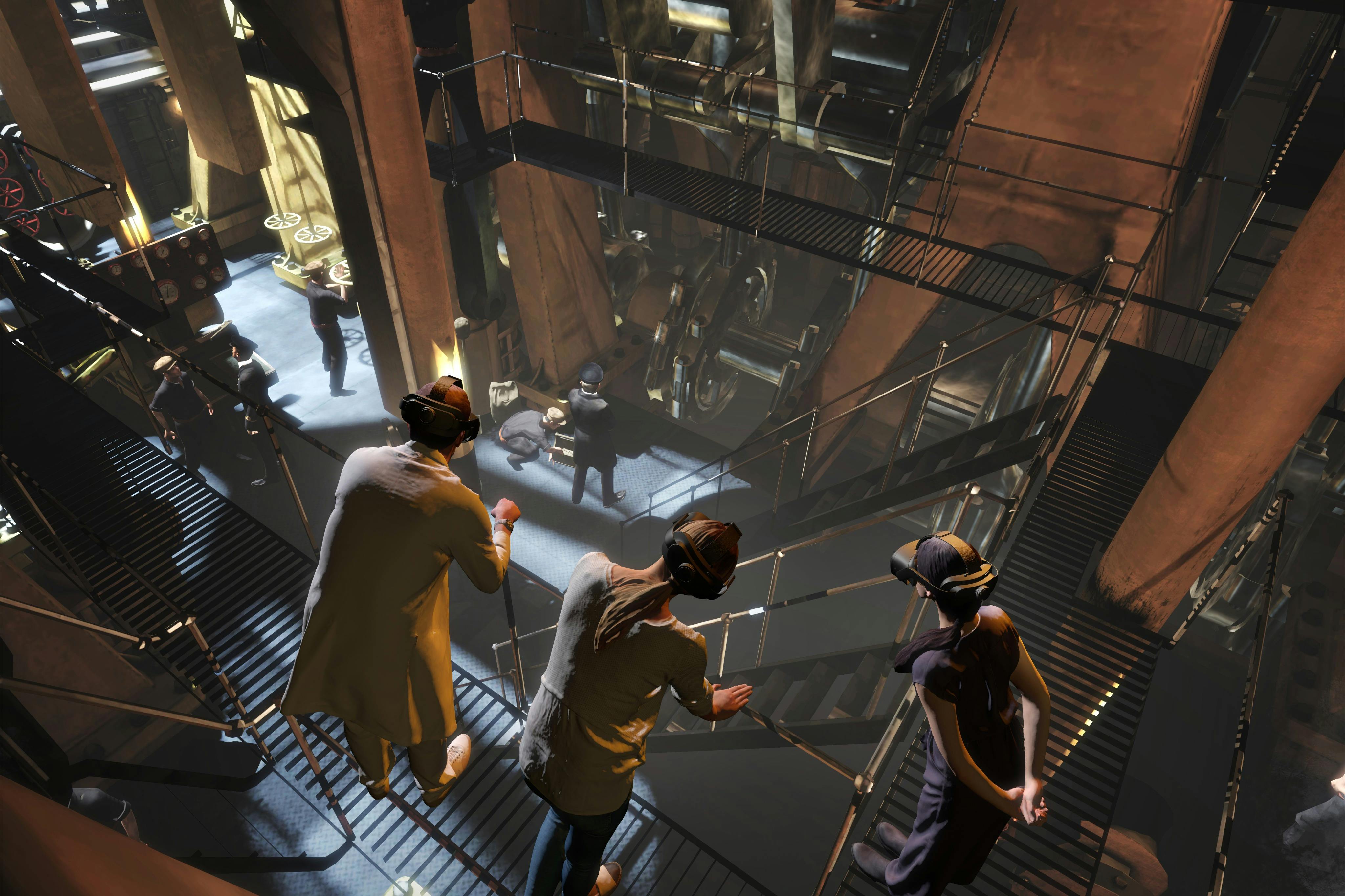 戴着VR头显的人们探索一个多层次的工业空间，那里有金属人行道和机械。