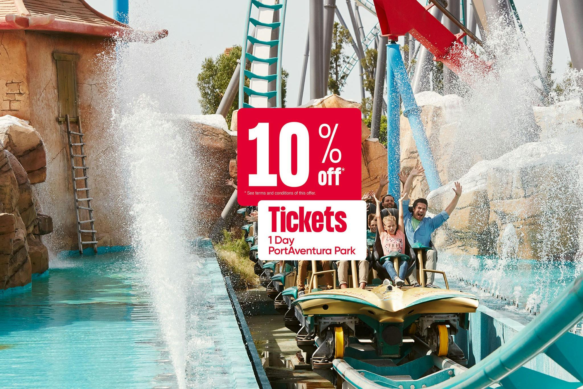 Menschen auf einer Wasserachterbahn, die durch das Wasser spritzen, mit einem eingeblendeten Text, der für einen Rabatt von 10 % auf Eintrittskarten wirbt.
