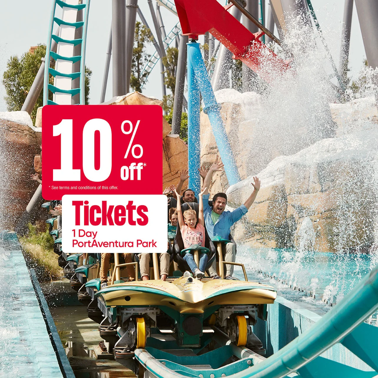 People on a water-themed roller coaster, splashing through water, with a text overlay promoting a 10% discount on tickets.