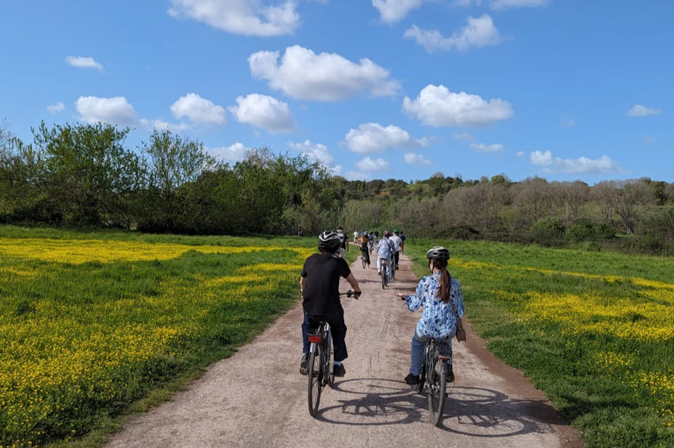 A group of people riding bicycles on a path through a scenic, grassy area under a blue sky with fluffy clouds.