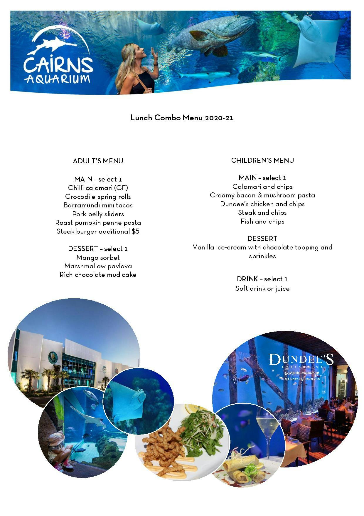 Menu with "Adult's Menu" and "Children's Menu" sections. Background features aquarium and Dundee's restaurant images.