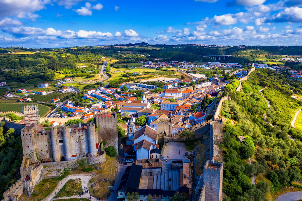 Aerial view of a historic town with a castle, walls, and surrounding countryside under a blue sky with clouds.