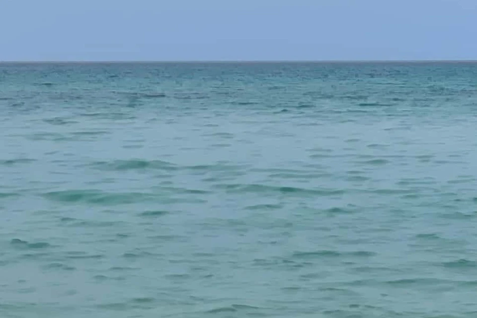 Calm turquoise sea water under a clear, light blue sky.