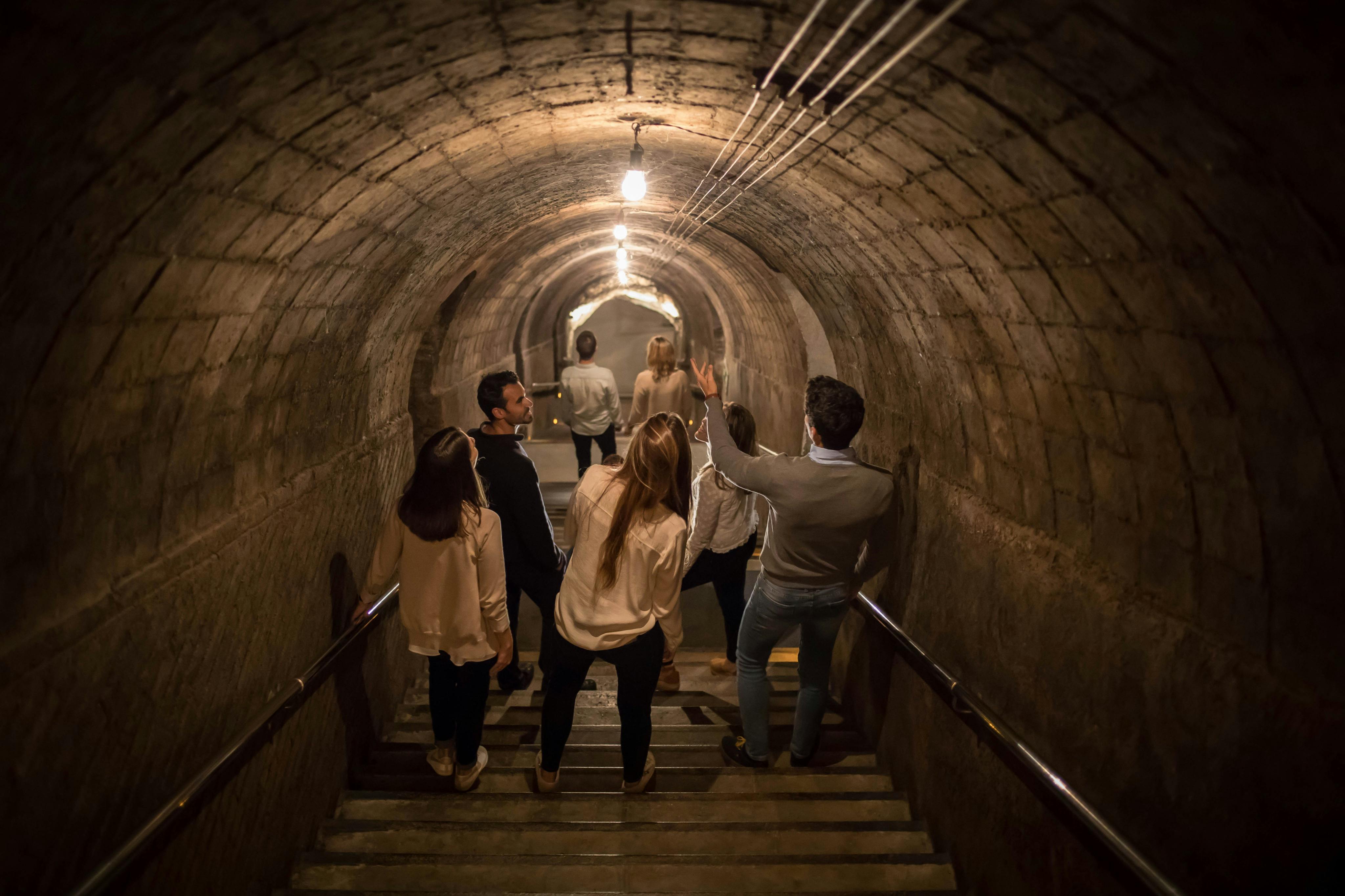 Un grupo de personas desciende por un túnel de ladrillo arqueado, poco iluminado, con escaleras y barandillas.