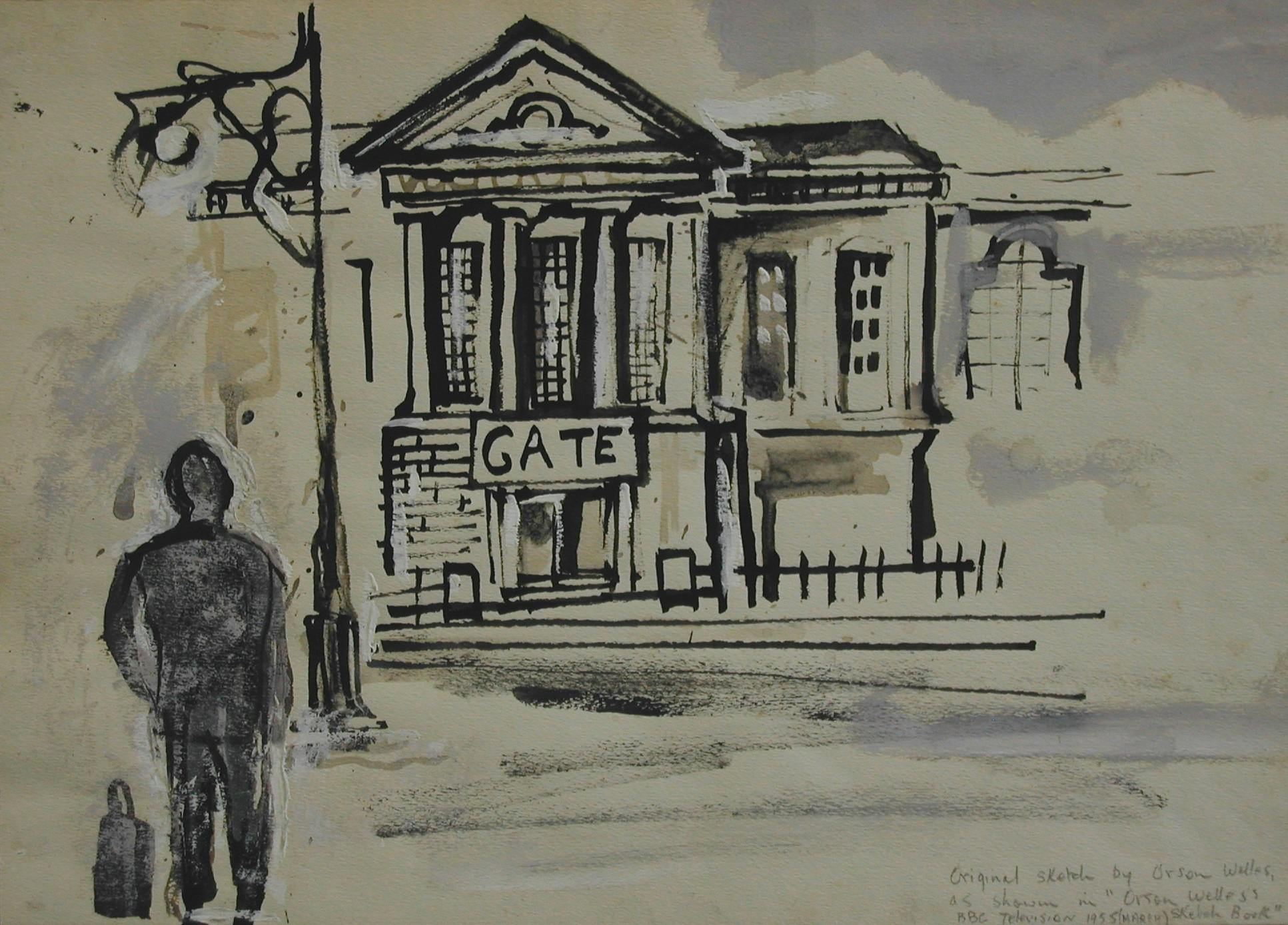 Boceto en blanco y negro de un edificio con una señal de "PUERTA", columnas y la silueta de un peatón en el lado izquierdo.