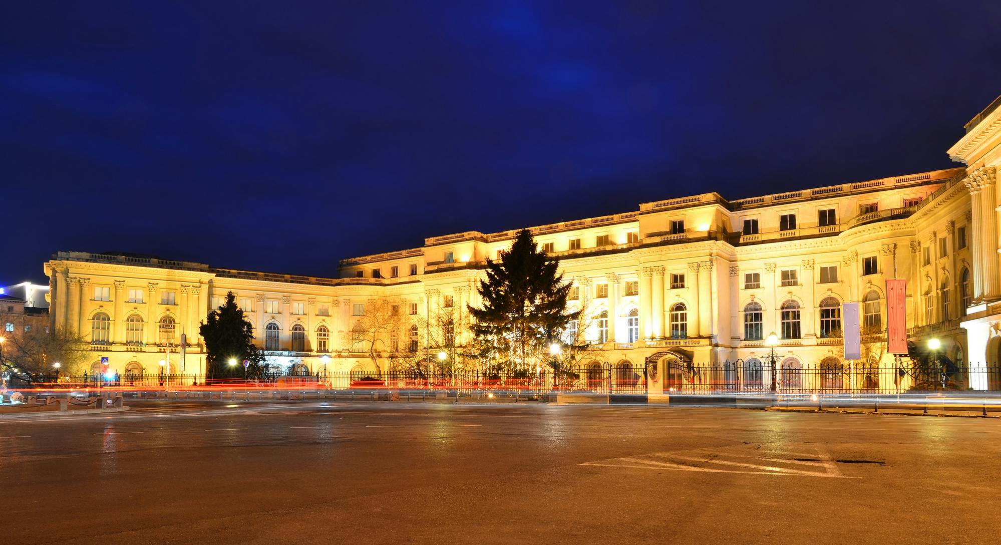 Illuminated grand building with arched windows and a large tree in front, under a dark blue evening sky, viewed from across the street.